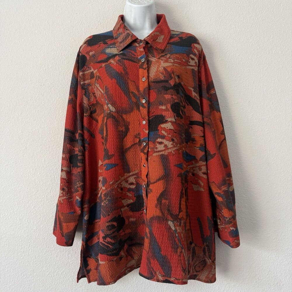 Calessa Tunic Blouse Plus Size 2X Multicolor Abstract Print Button Front LS